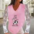 thumbnail image 2 of Mujeres Casual Vaca Impreso Cuello en V Encaje Empalme Manga larga Jersey Blusa Camiseta Tops Fridja  hkj4238, 2 of 5