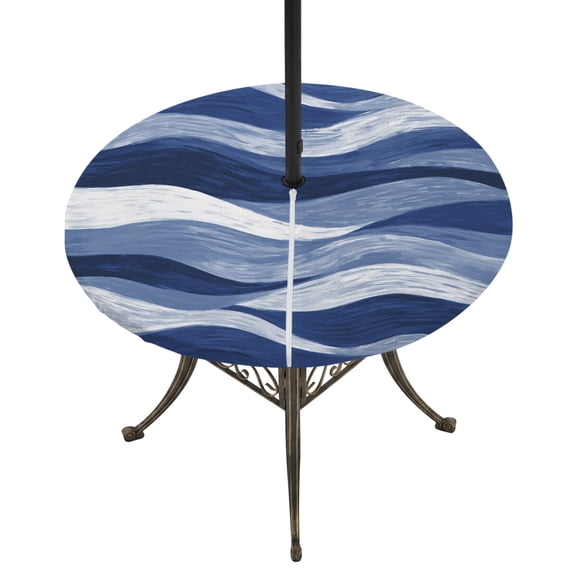 Round Outdoor Tablecloth with Umbrella Hole and Zipper, Navy Blue Ombre Tablecloth with Elastic Waterproof, Modern Moire Abstract Art Aesthetics Patio Table Covers for 36" - 44" Picnic Pool Tables