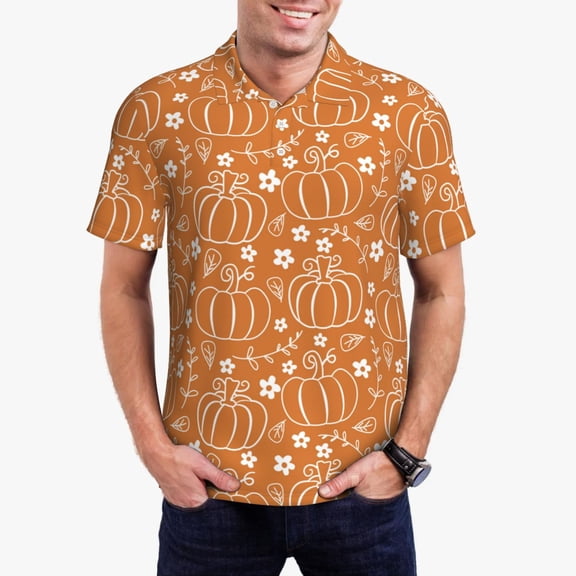 Kdxio Hand-drawn Pumpkin with Flowers Print Men's Short Sleeve Polo Shirt,Midweight Men's Shirt-Small