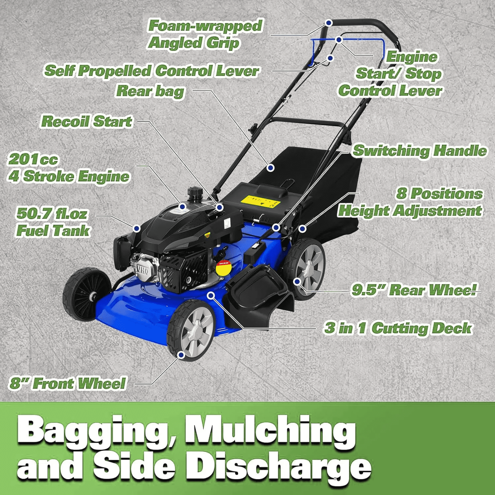 ANLIBATT 21 Inch Self-Propelled Lawn Mower 201cc 4 Cycle Engine, Gas Lawnmower with 3 in 1 Cutting 8 Position Height Adjustment for Gardening Soil