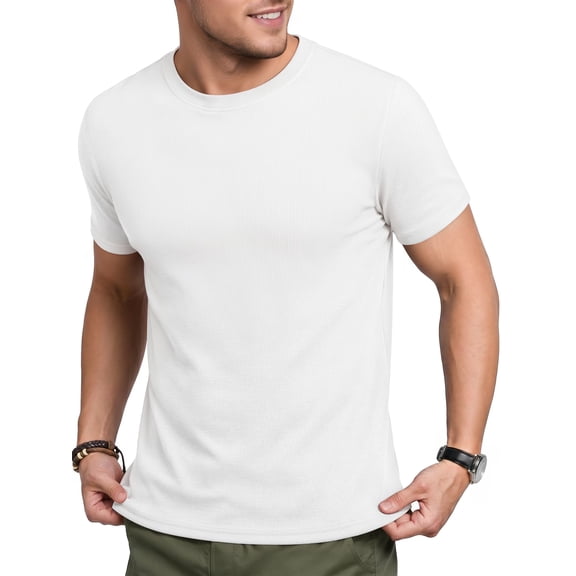 RICHCOIN Men Ribbed Summer Top Short Sleeve Crewneck Basic T-shirt White Casual Solid Color Muscle Tee Shirts L