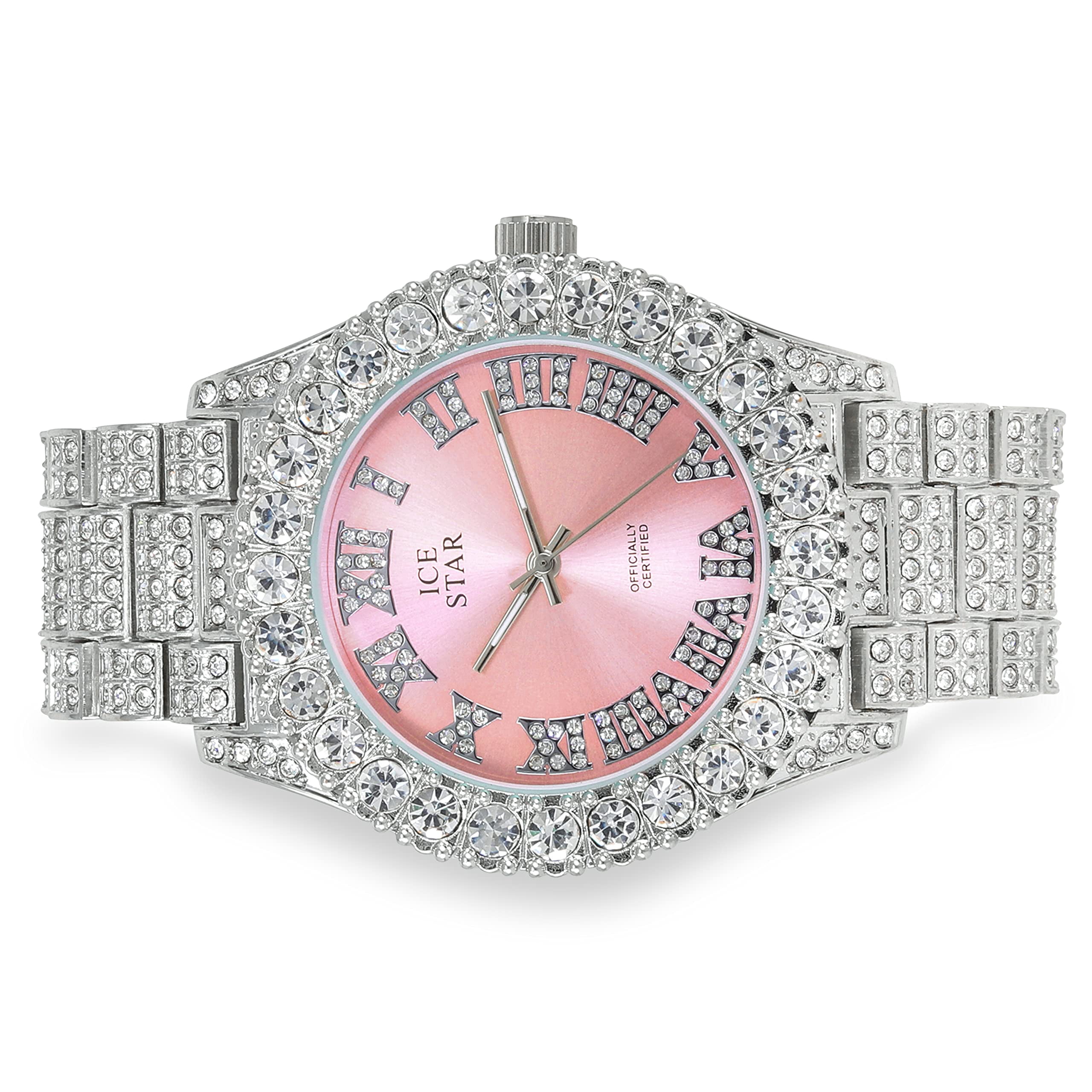 Women's 44mm Solitaire Bezel Watch - Bling-ed Out Adjustable Band - Silver Tone Finish with Ravishing Crystals - Simulated Diamond Watch with Roman Dial