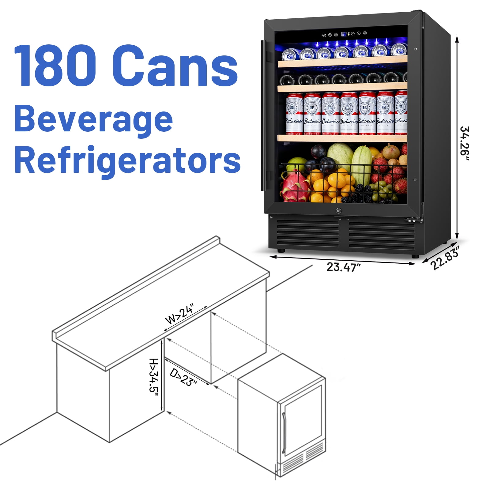 24" Beverage Refrigerator 180 Cans Beverage Cooler Reversible Door Recessed Black Beer Fridge With 1 Basket