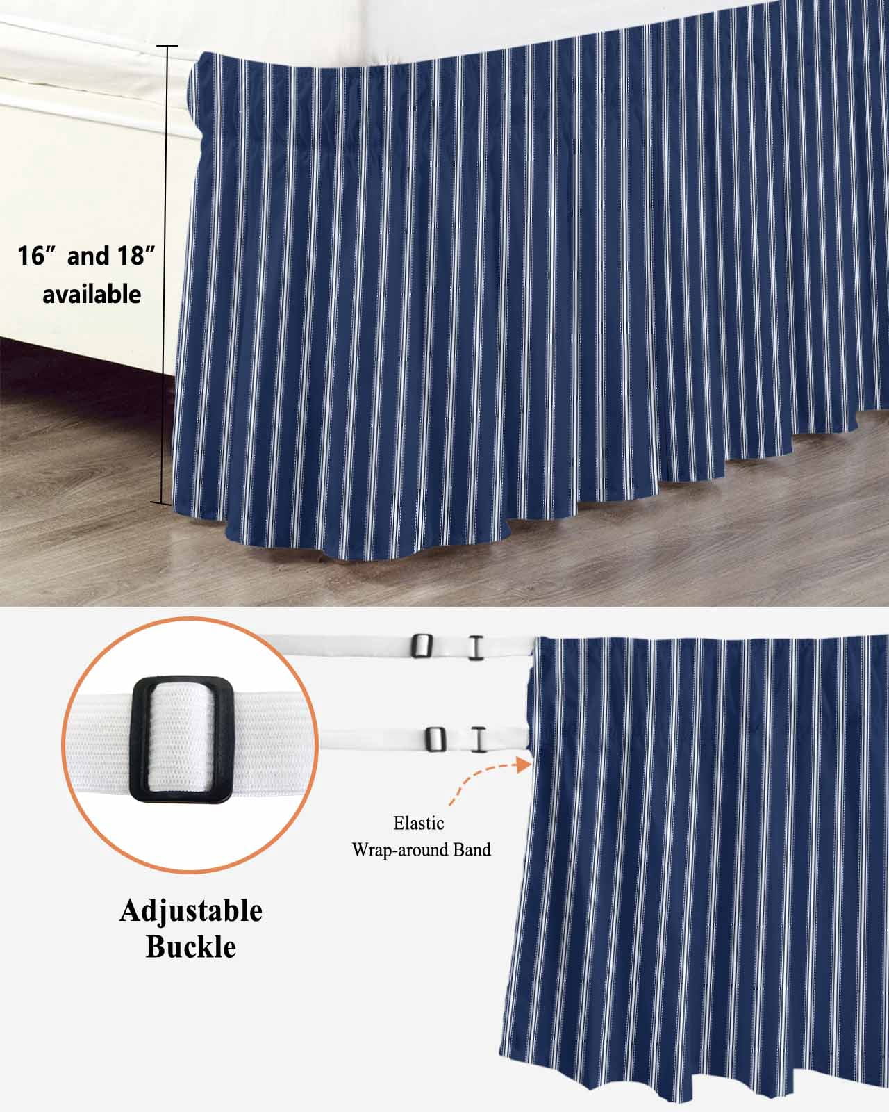Navy Blue Striped Bed Skirt Queen Size, Navy Blue White Farmhouse Stripes Wrap Around Bed Skirting with Adjustable Elastic Strap, Dust Ruffle Pleated Bedskirts 18 Inch Drop for Bedroom Queen Beds