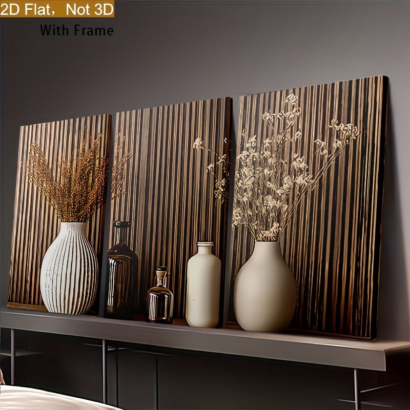 2D Flat Framed 2D Planes, Three 2D Planes Printed in a Modern Wooden Style Featuring Easy Potted Plant Landscapes, Framed Canvas Paintings And Posters, Ready to Hang, Home Decor