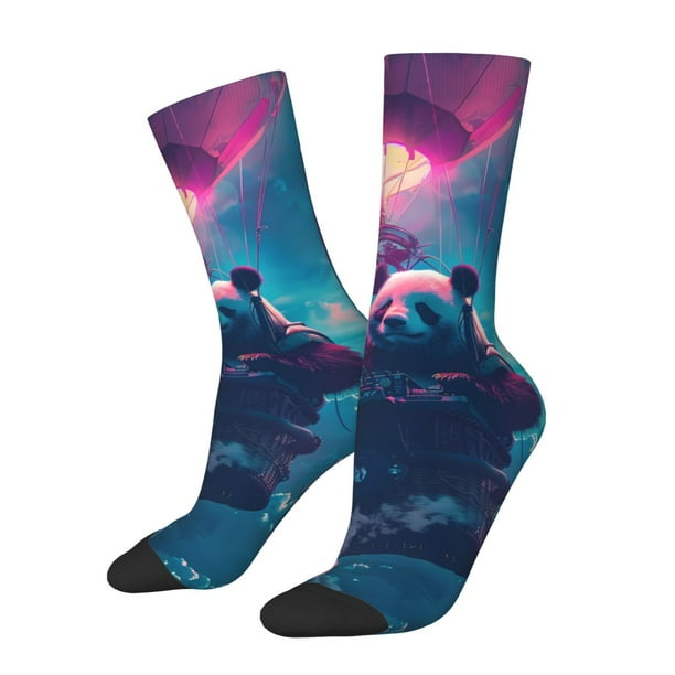 Fotbe DJ Panda Hot Air Balloon Calcetas Largas con Estampado para Hombre y Mujer – Calcetas de Compresión Transpirables y Elásticas, Viajar y Uso Diario Talla 5-11