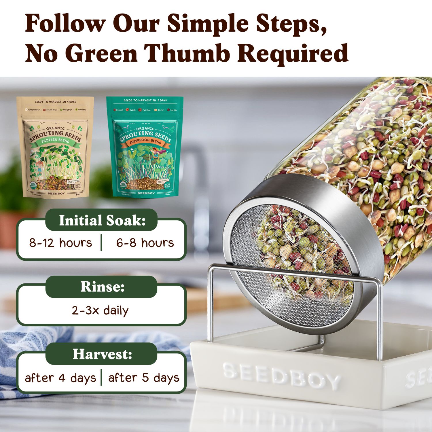 Seedboy Organic Non-GMO Sprouting Seeds Variety Pack, Superfood & Protein Blends - USA Grown - 8 oz Bags
