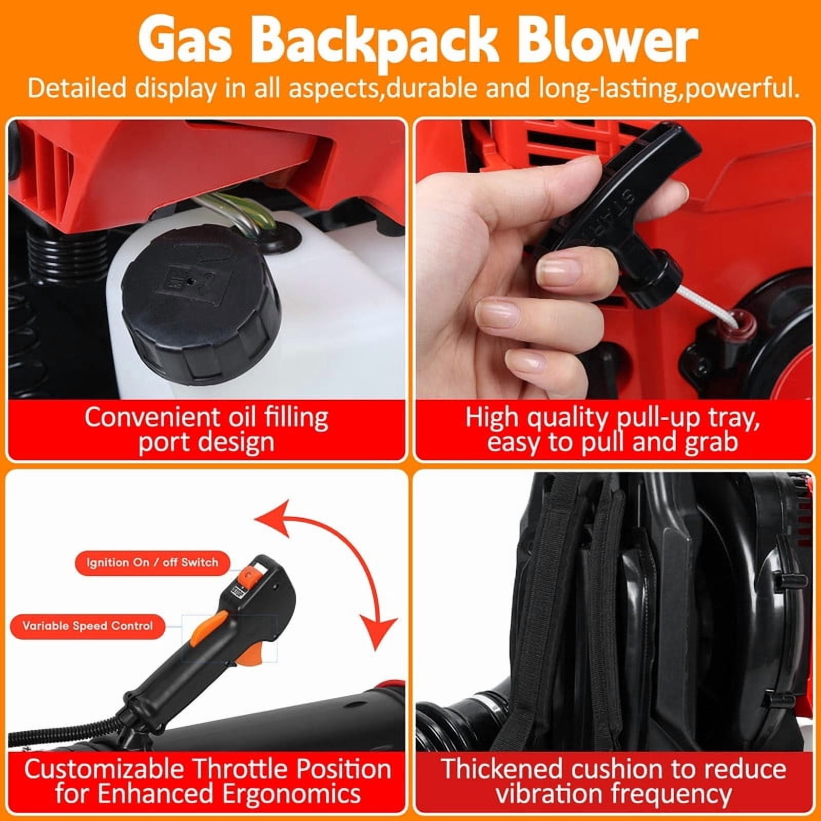 75.6CC Backpack Leaf Blower – Gas Powered 5HP 4-Cycle 900CFM 210MPH High Airflow, Ergonomic Design, Low Vibration, and Cruise Control, Leaf Blower for Lawn Care