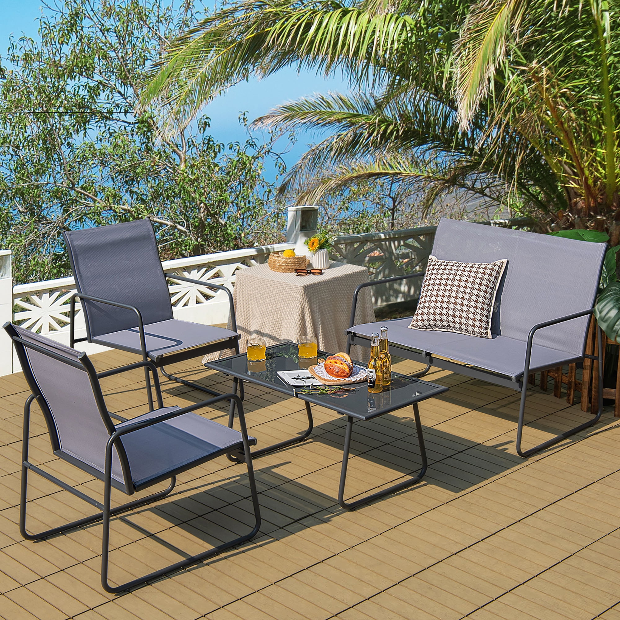 Costway 4-Piece Metal Patio Furniture Chat Set Outdoor Conversation Table Garden