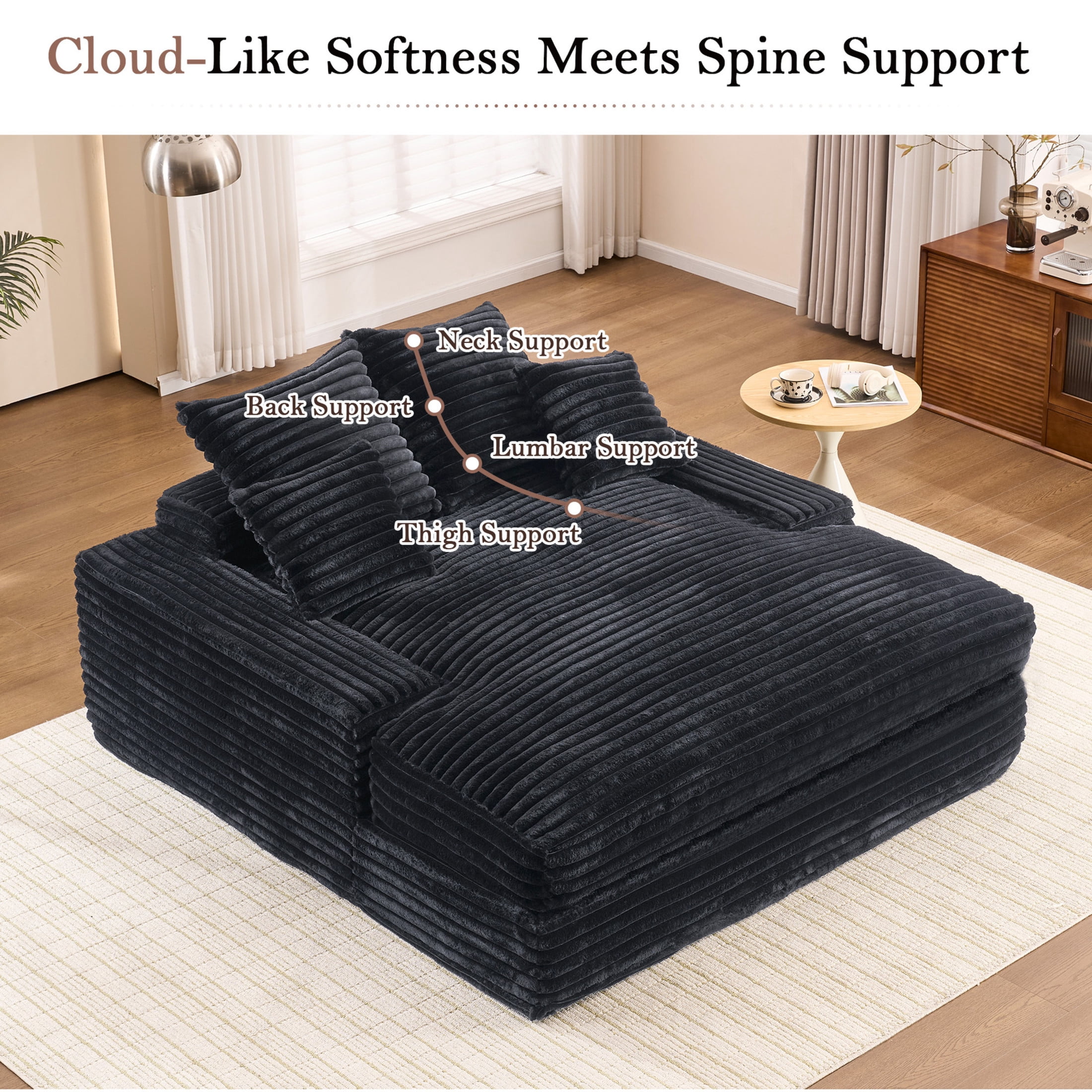 Noble House Heliox 68" Oversized Chaise Lounge Chair, Plush Corduroy Sleeper Sofa Bed with Removable Pillows, Gray