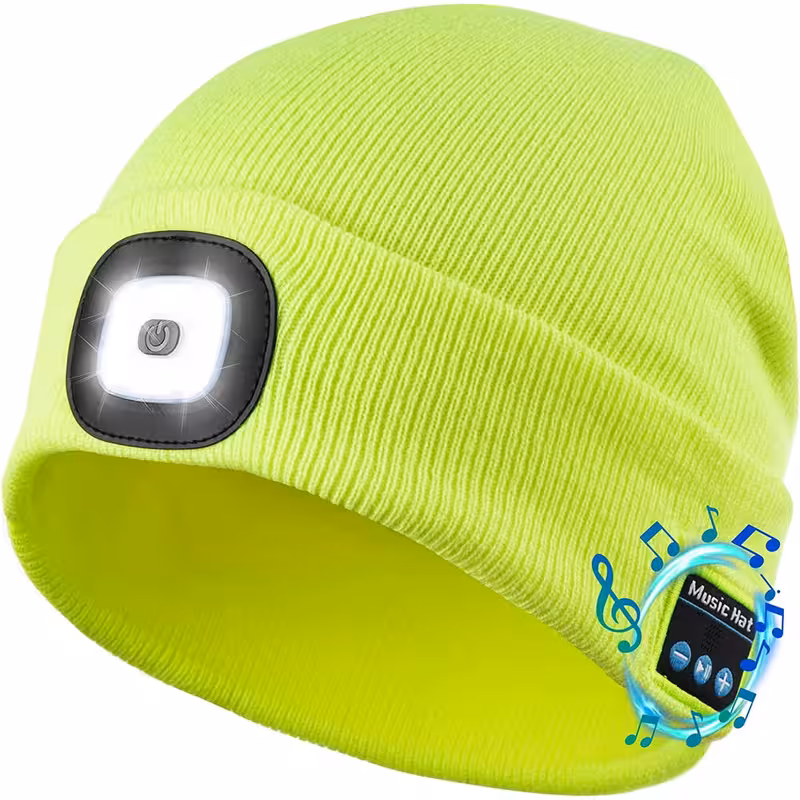 Yellow, variant on LED Headlamp Cap with Headphones and Built-in Speaker Mic, Unisex USB Rechargeable Bluetooth Beanie Hat with Light, Winter Knitted Music Hat