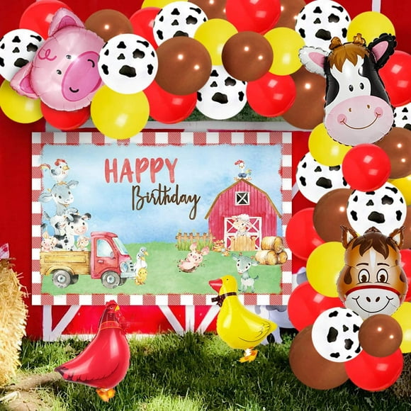 Farm Animals Theme Party Decorations, Farm Animals Barn Backdrop for Farm Barnyard Party Decorations Boys Girls 1st 2nd 3rd Birthday Party Supplies Animal Walking Balloons 75 Pack