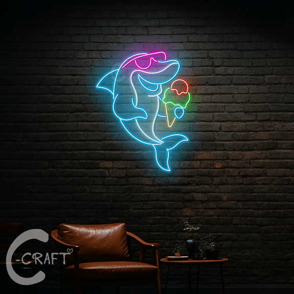 C-CRAFT Shark Ice Cream Led Light Neon Sign 25 inches for Ice Cream Shop Wall Art Decoration
