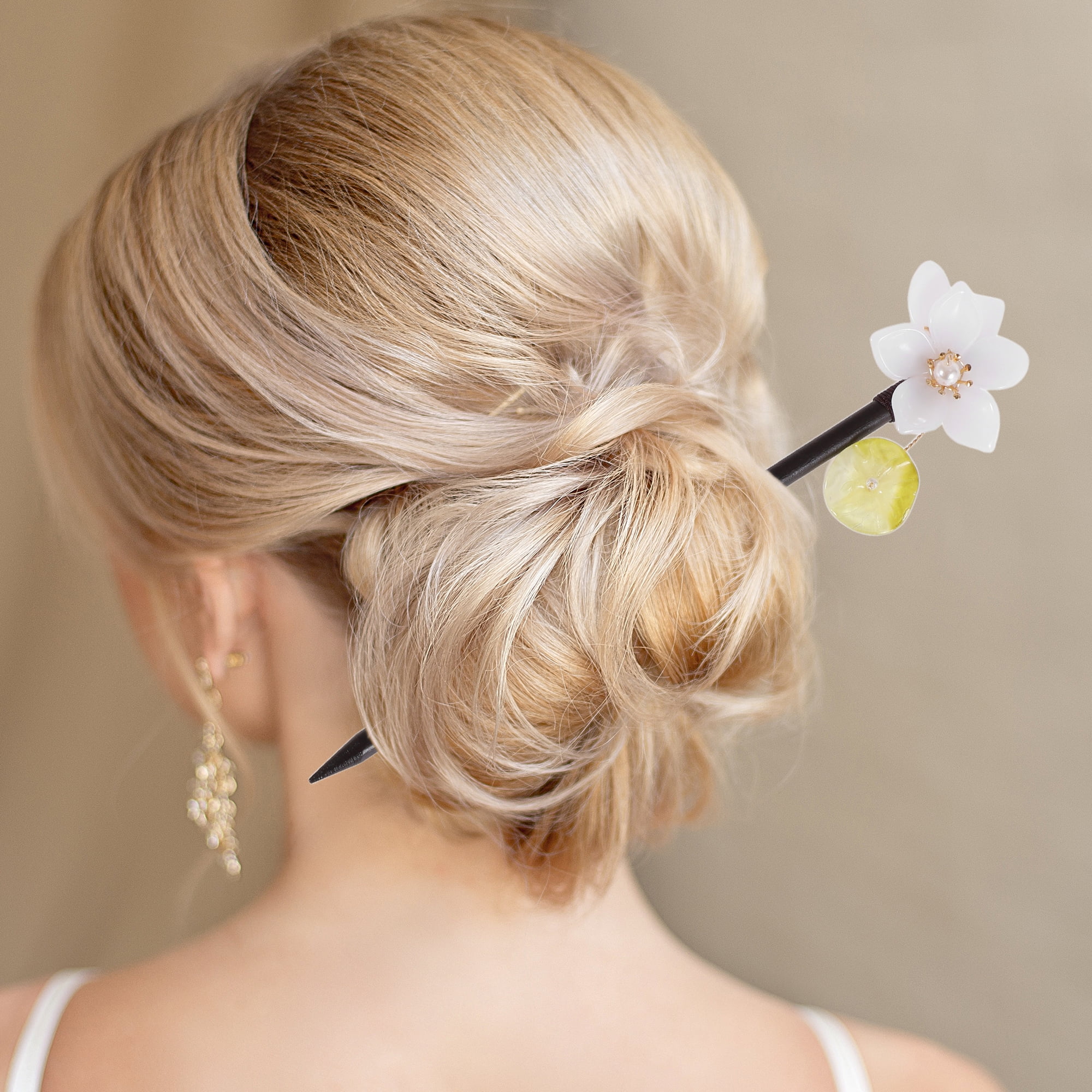 Unique Bargains Flowers Hair Chopstick for Women 1 Pc Black, White 7.48"