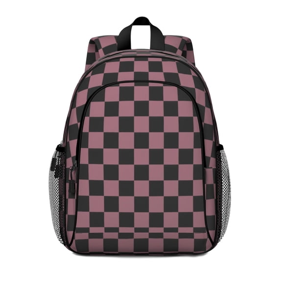 Pink and Black Checkered Pattern Backpack for School, Cute School Bag with Adjustable Shoulder Straps and Padded Back, 15"x11.42"x5.5"