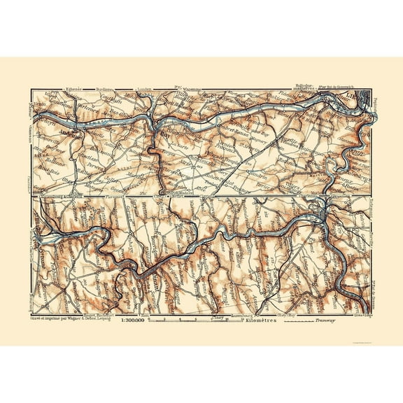 Historic Map - Huy Dinant Namur Belgium - Baedeker 1910 - Vintage Wall Art