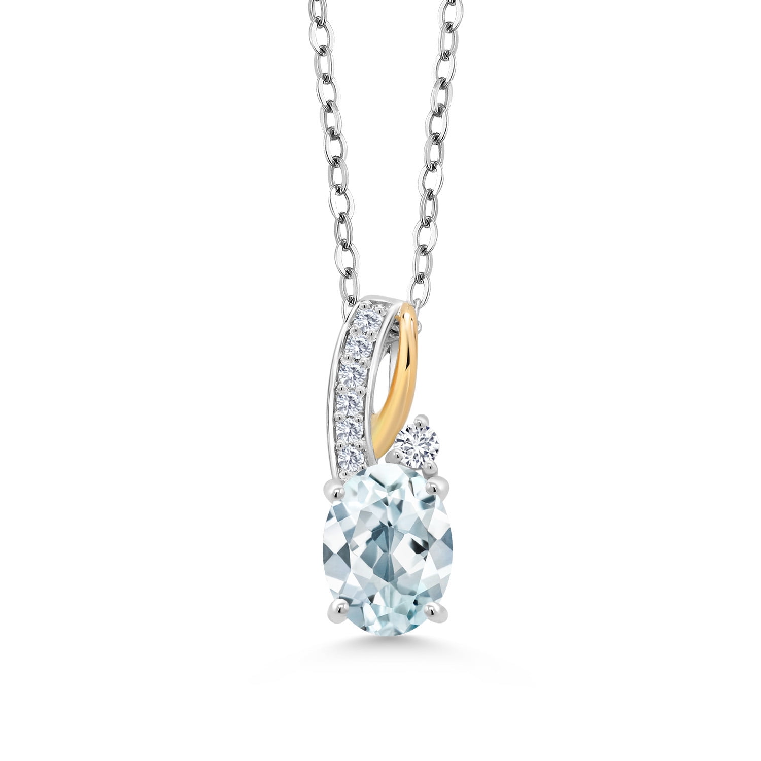 Gem Stone King 2 Tone 10K Yellow Gold and 925 Sterling Silver 1.29 Ct Sky Blue Aquamarine White Lab Grown DiamondPendant