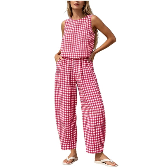 Womens 2 Piece Sets Outfits Plaid Casual Sleeveless Round Neck Print Top Pullover and Elastic Waist Long Pants Pocket Loung Sets