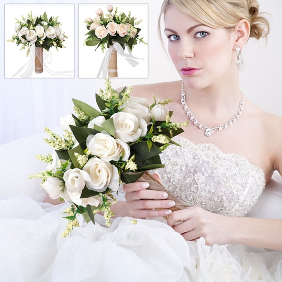 Ramo de mano con rosas y champán con diseño de cascada • Ramo de boda artificial para novia y dama de honor • Atrezzo fotográfico y decoración del hogar