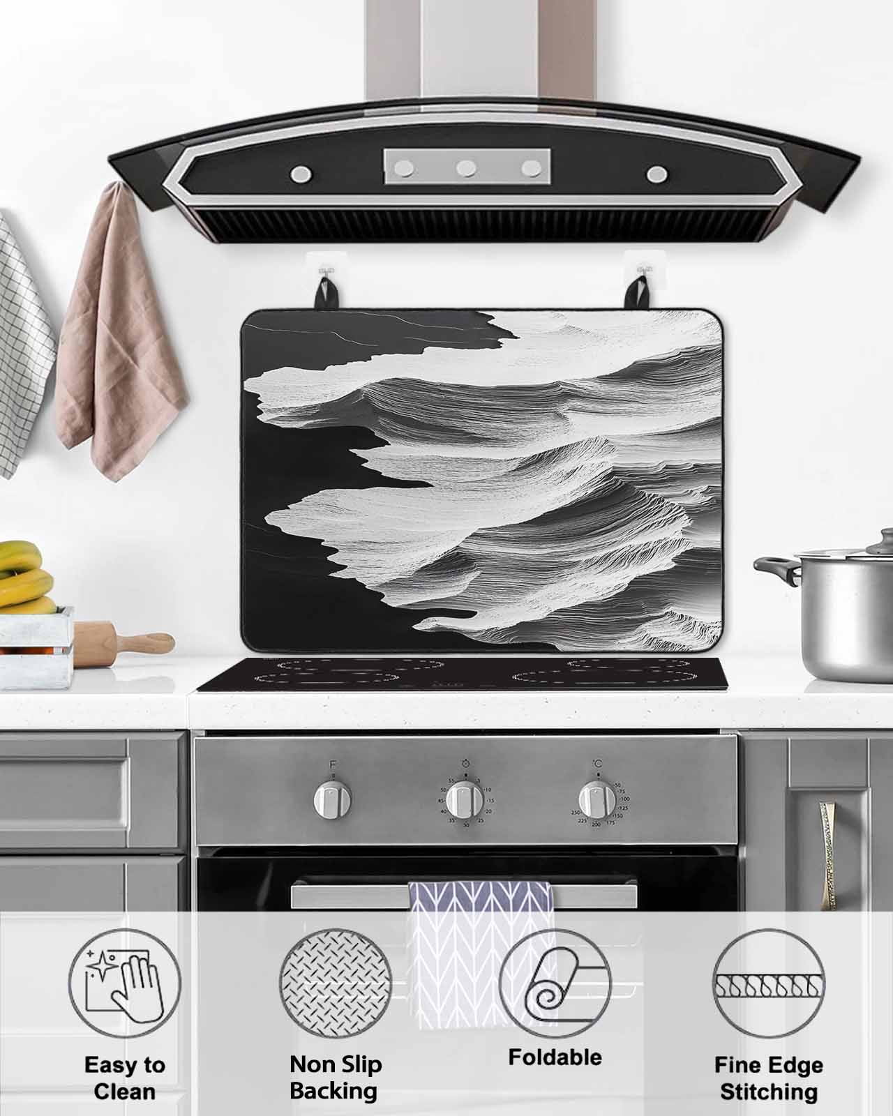 nqOlkjepod Large Induction Cooktop Protector Mat 24"x21", White Ocean Stove Top Covers for Electric Stove, Black Beach Coastal Modern Minimalist Stove Burner Cover Mats, Glass Top Stove Cover