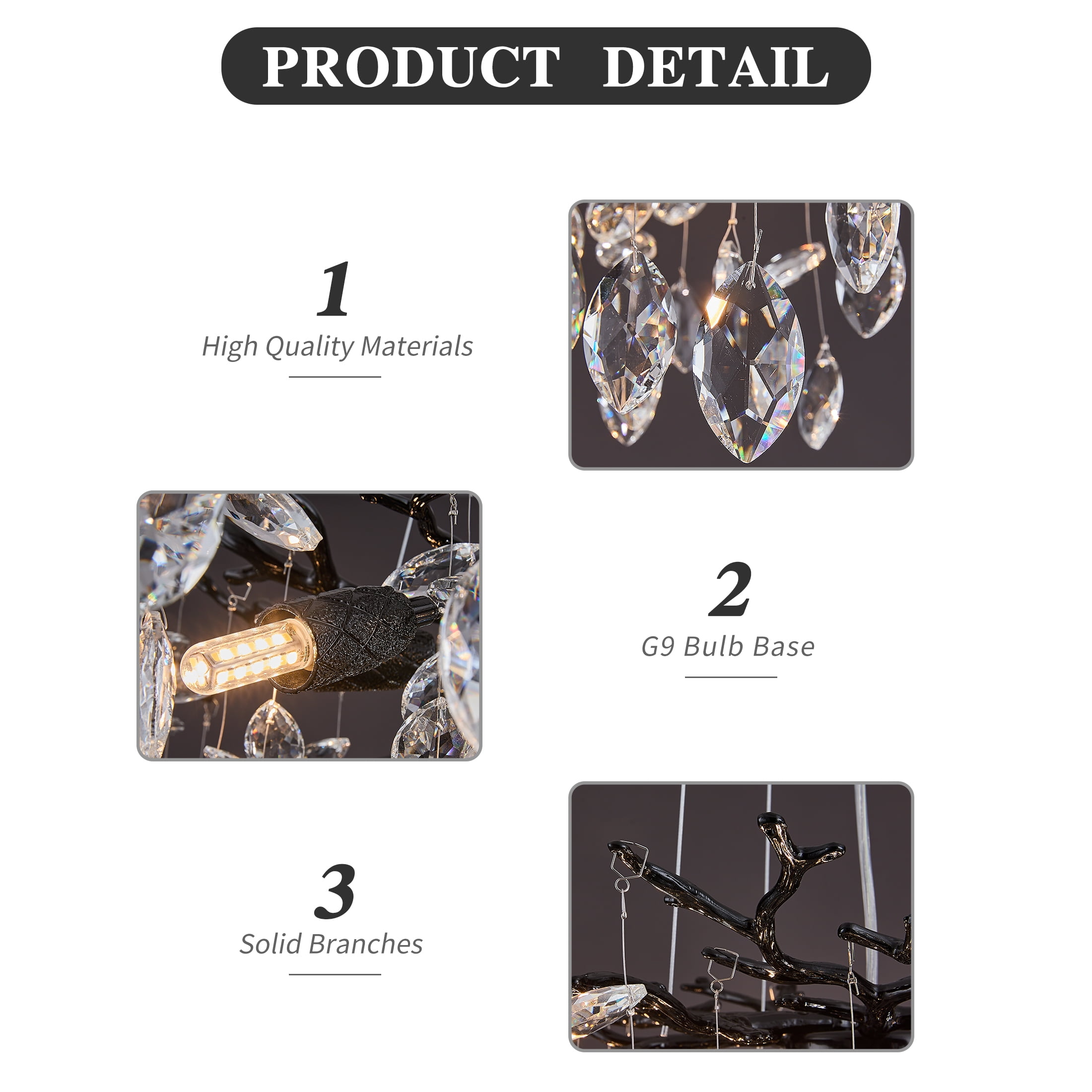 Modern Tree Branch Crystal Chandelier, Adjustable Height 20-78.7 Inches, Luxury Black Metal & Sparkling Crystal Lighting Fixture for Dining Room, Living Room, Bedroom