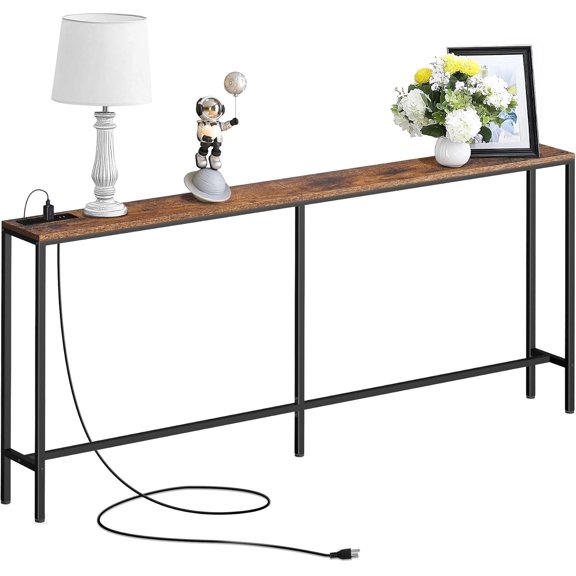 LInyy 70 Inch Console Table with Outlet, Sofa Table with Charge Station Long Entryway Table for Office, Hallway, Bedroom, Living Room(Rustic Brown)