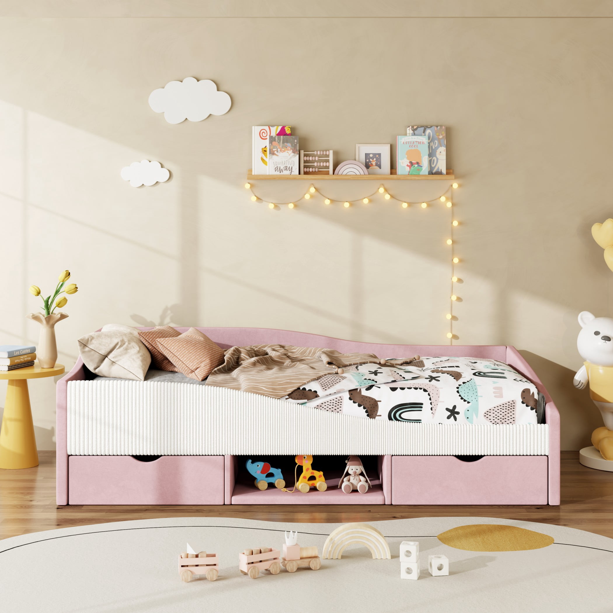 Aukfa Twin Size Upholstered Daybed with 2 Storage Drawers, Shelf and Curved Guardrails, Velvet Bed Frame, Pink