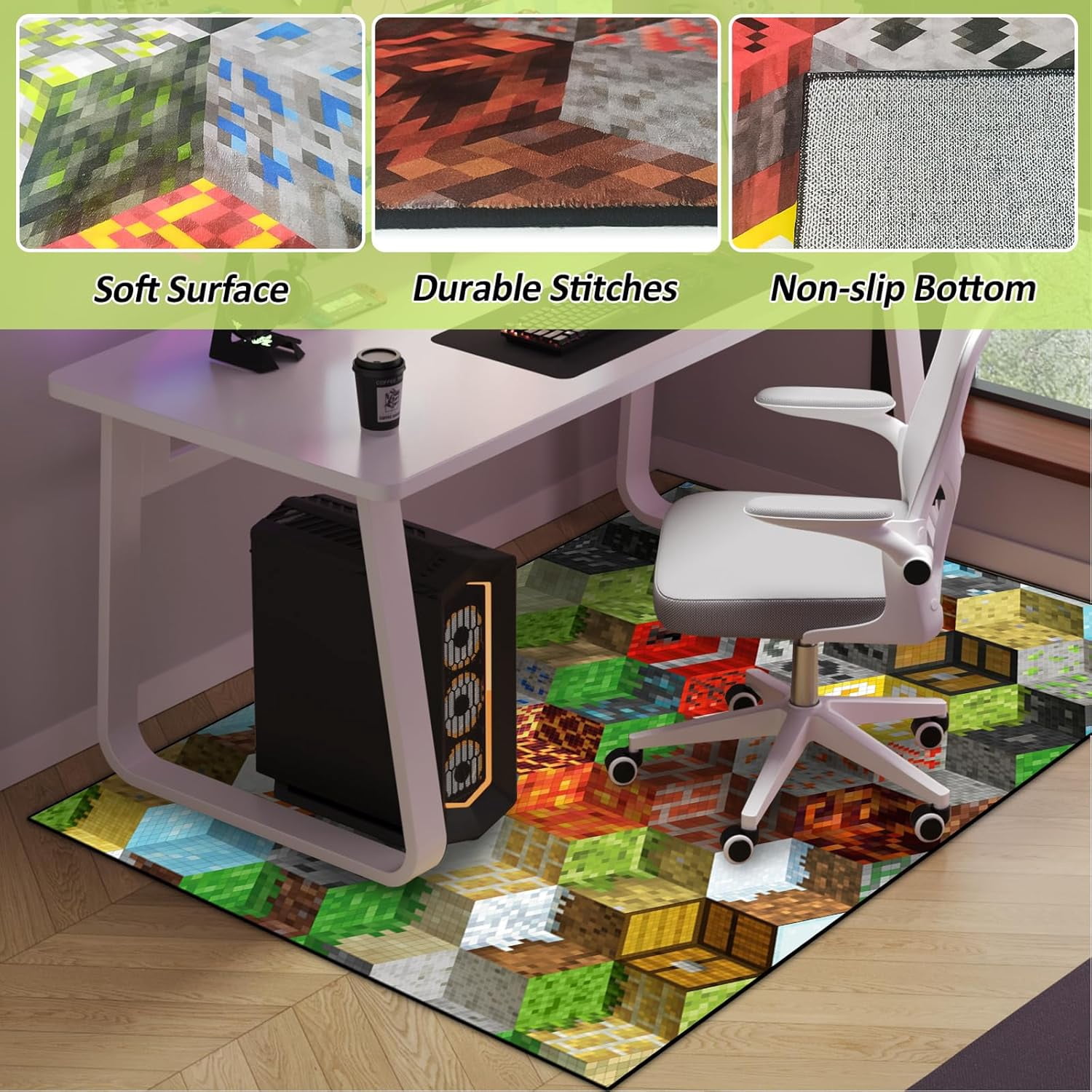 Block Game Rug Teen Boys Carpet with Pixel Game Element Decoration Mat, Cube Block Game Rugs for Boy's Bedroom Bathroom Living Room Playroom, Non-Slip Children Gaming Area Rugs (63" x 47")