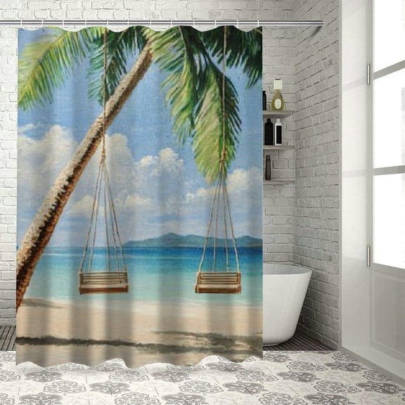 Patifu Palm Tree Beach Bathroom Décor Set with Hooks Graphic Print Polyester Fabric Fashion Shower Curtain Waterproof Chic Modern Bathroom Decor - 100% Polyester Fiber 36"x72