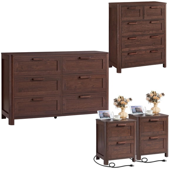 Joaxswe 4 Pcs Walnut Bedroom Vertical Dresser Set & Nightstands Set, Farmhouse Complete Bedroom Furniture Set with Spacious Storage
