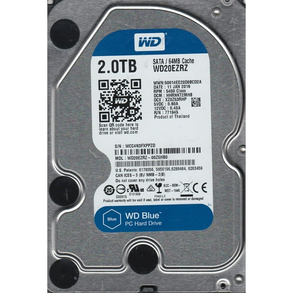 WD20EZRZ-00Z5HB0, DCM HHRNKT2MHB, Western Digital 2TB SATA 3.5 Hard Drive