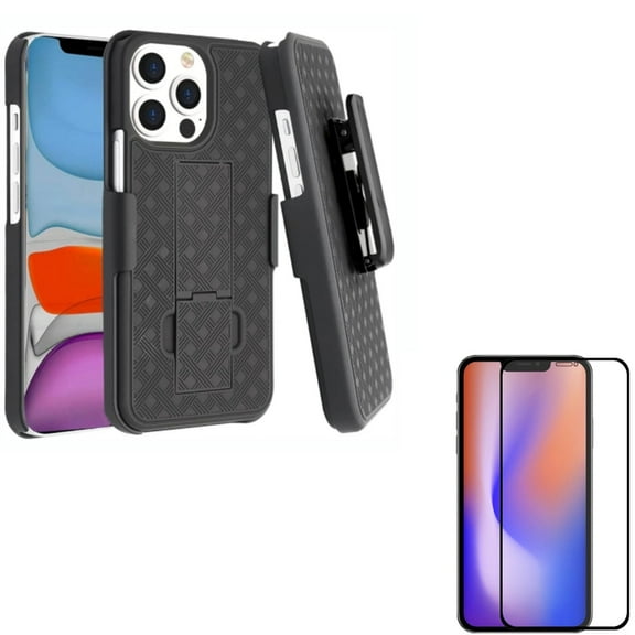 Case Belt Clip & Screen Protector for iPhone 13 Pro - Combo with Holster Swivel Cover Kickstand & Anti-Glare Tempered Glass Matte 3D