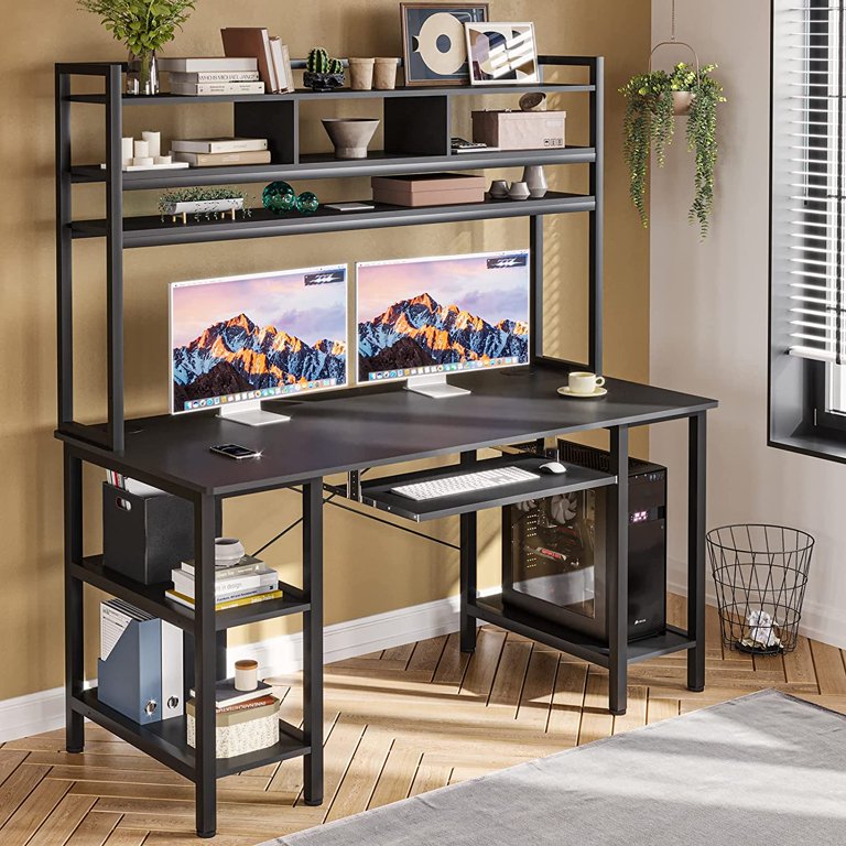 Computer Desk with LED Lights 55 Modern Home Office Desk PC Study Table  Workstation Gaming Desk with Hutch&Monitor Shelf &Storage Bookshel, Black 