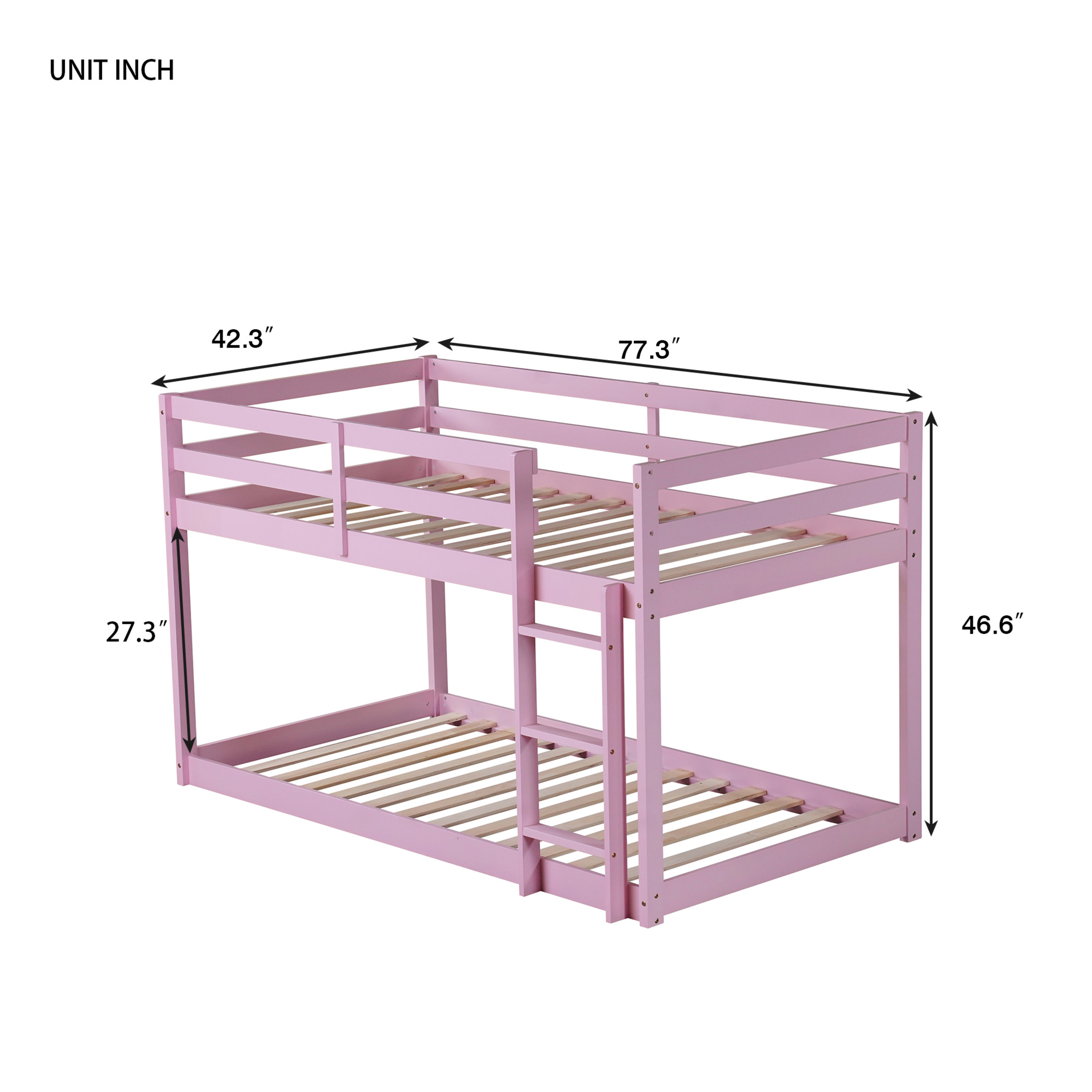 Noble House Alina Twin Over Twin Floor Bunk Bed with Ladder, Solid Rubber Wood Frame with Strengthened Slats, Pink