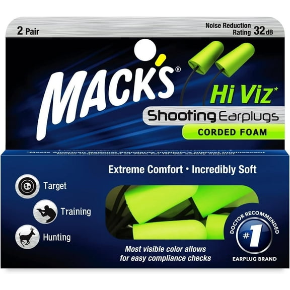 Mack's Hi Viz Corded Foam Shooting Ear Plugs, 2 Pair - Most Visible Color, Easy Compliance Checks, 32dB High NRR - Comfortable, Safe Ear Plugs for Hunting, Tactical, Target Shooting