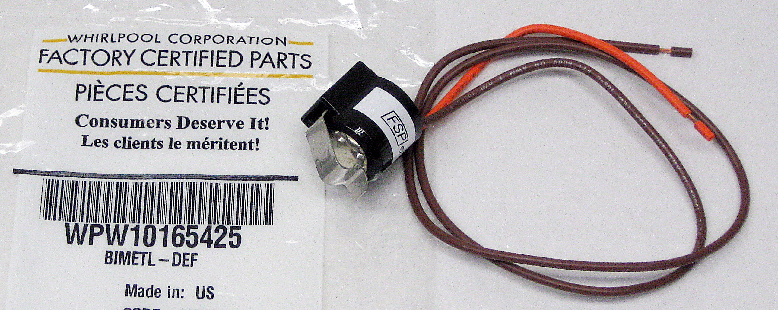 Whirlpool Refrigerator Defrost Thermostat WPW10165425 AP6016065
