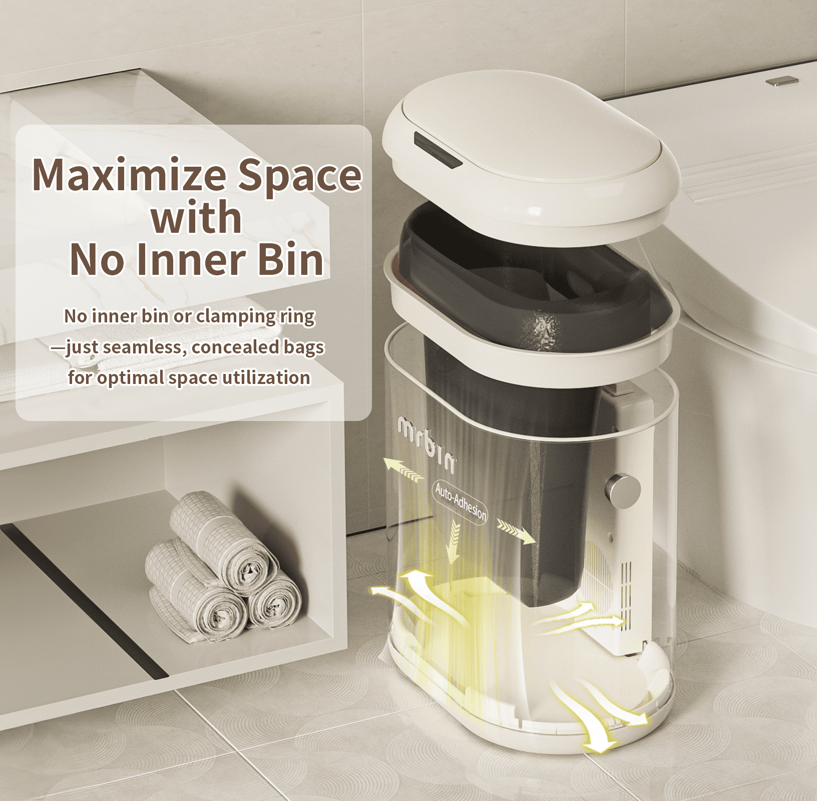 MRBIN Automatic Adsorption Metal Trash Can for Bathroom, Touchless Garbage Bin with Lid, 3.2 Gallon Slim Trash Can for Office and Bedroom, Electric Motion Sensor Waste Basket, Cream White