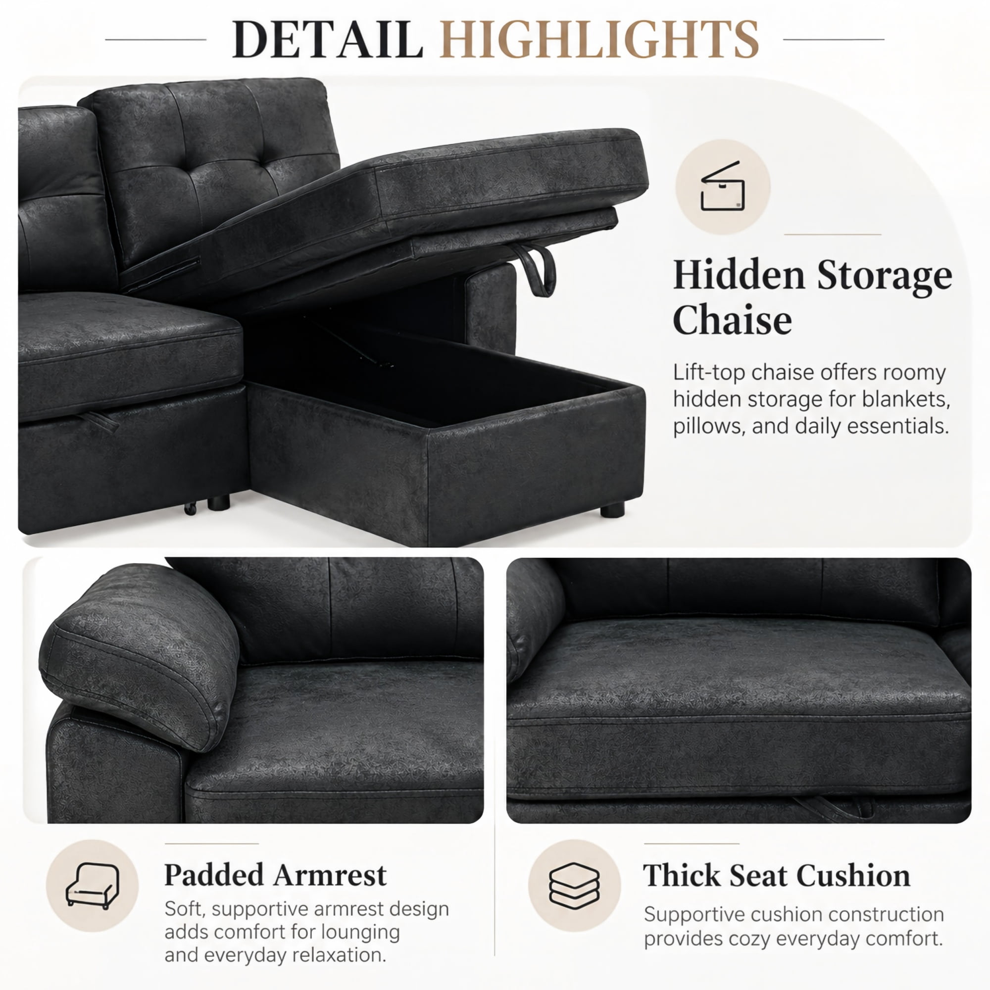 BSHTI 112" Polyester Fabric U-Shaped Sectional Sleeper Sofa Bed with Pull-Out Bed,Tufted Back Cushions and Storage Chaise for Living Room(Black)
