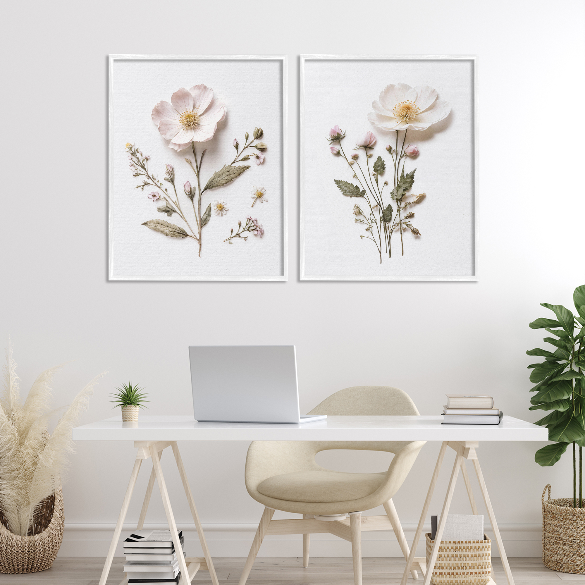 Minimal Pressed Flowers 2 Piece White Framed Giclee Art Set, design by Lettered and Lined