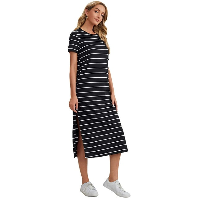 Women's Striped Split Hem Round Neck Short Sleeve Midi Tee Dress
