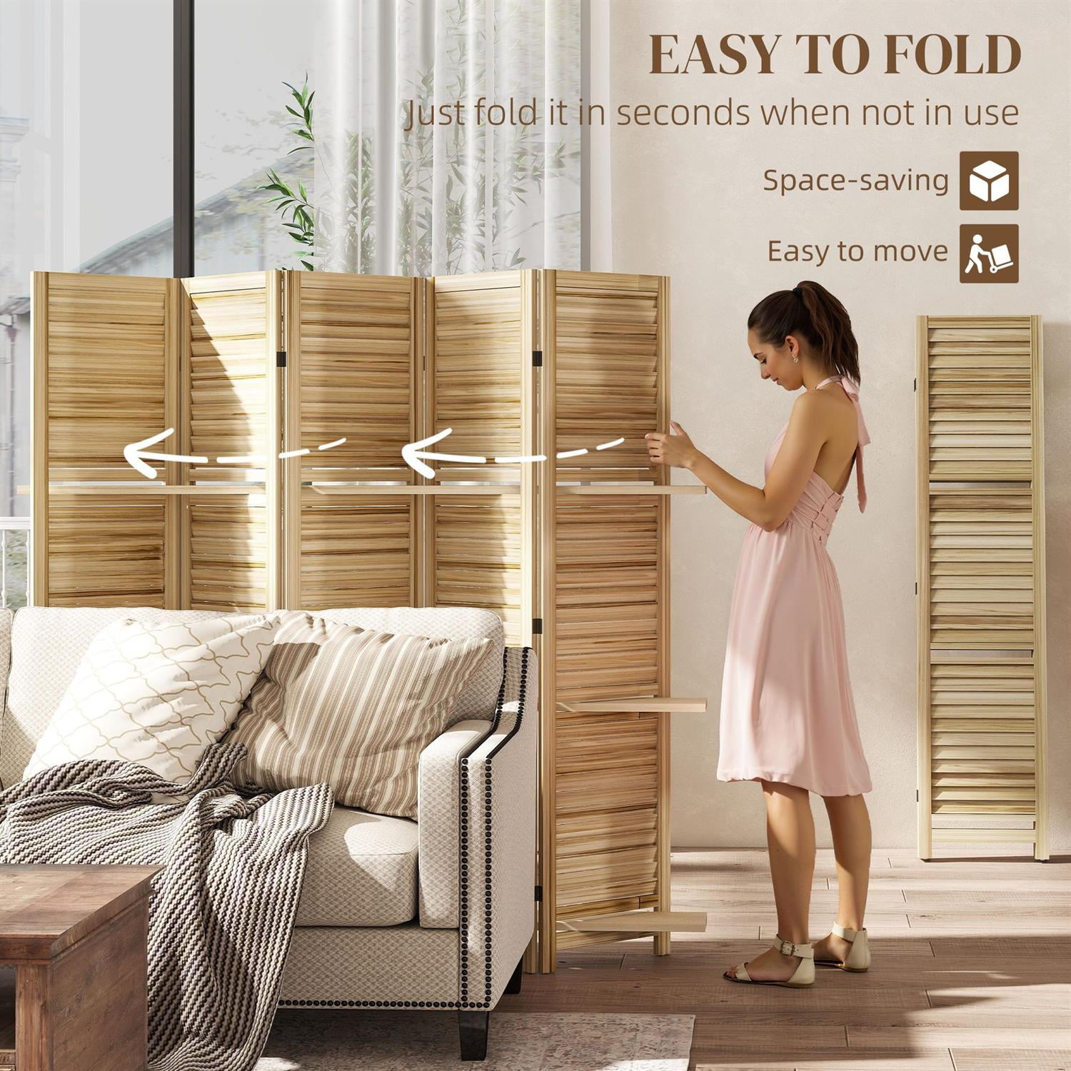 Demi Bonn 67" Tall Wood Privacy Screen Room Divider with 5 Panels, 3 Shelves, Folding Storage for Bedrooms, Beige