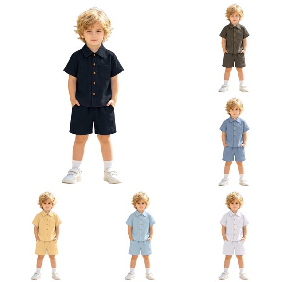 WERYOUNG Toddler Boys Girls Formal Outfits Short Sleeve Lapel Collar Solid Color Button Down Shirts Shorts 2 Piece Gentleman Sets Soft Clothes Sets 6-12 Months