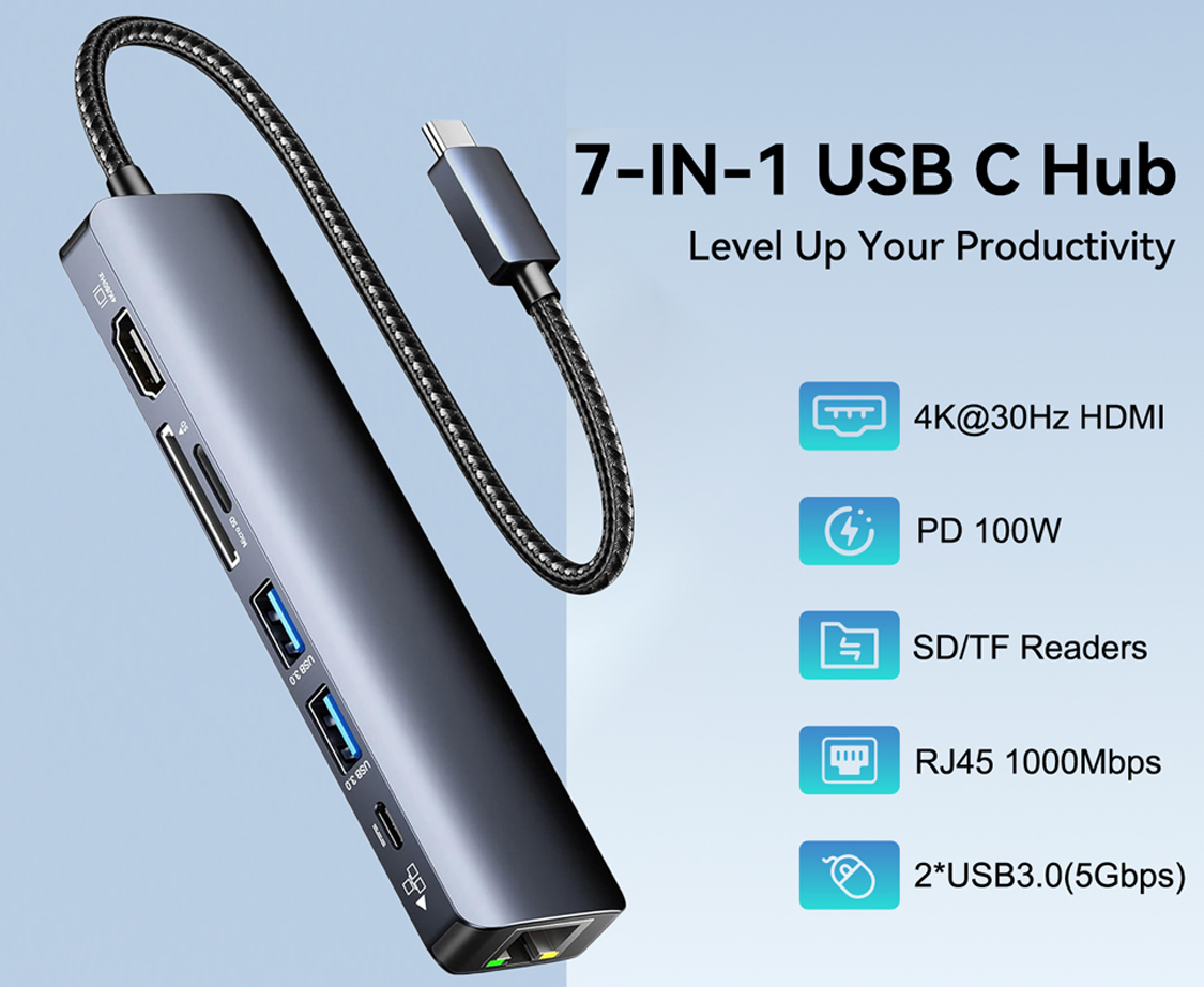 AUBEAMTO USB Hub 3.0, 7 in 1 USB Hub with 1000M Ethernet, 4K HDMI, 2 USB3.0, 100W PD, SD/TF Card Reader Docking Station Compatible with Your Cell Phone MacBook/Surface/Laptops, Computers