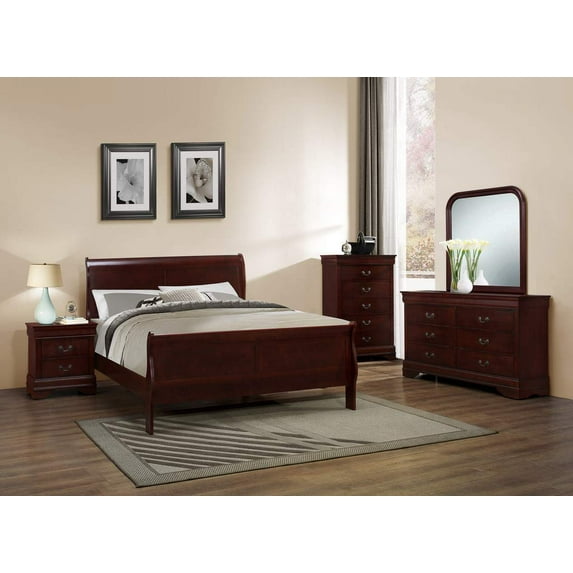 GTU Furniture Classic Louis Philippe Styling Deep Cherry 5Pc Twin Bedroom Set