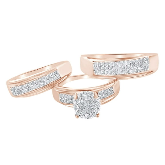 AFFY Round Shape White Cubic Zirconia Trio Engagement Wedding Ring Set In 10k Solid Rose Gold Ring Size-4