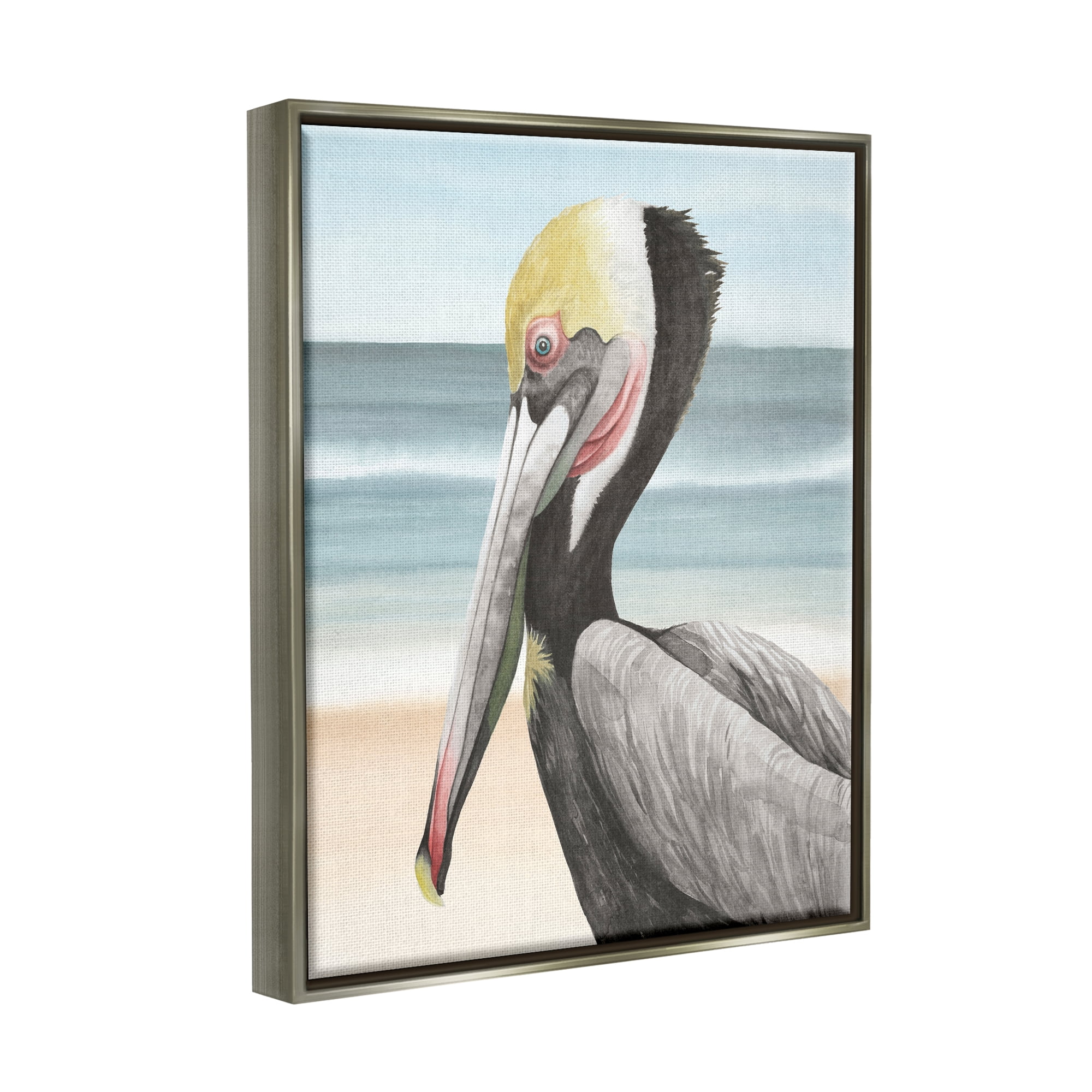 Stupell Industries Pelican & Coastal Shore Animals & Insects Painting Gray Floater Framed Canvas Art Print Wall Art, 17 x 21