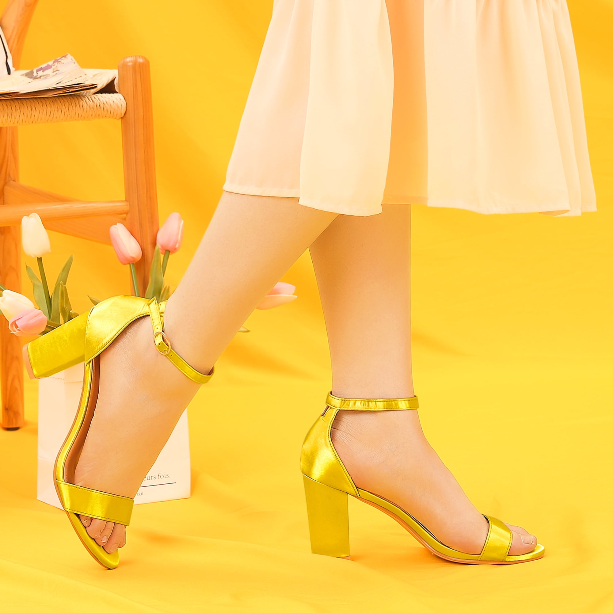 DARING DIVA Women's Satin Ankle Strap Chunky Heels Yellow 6.5