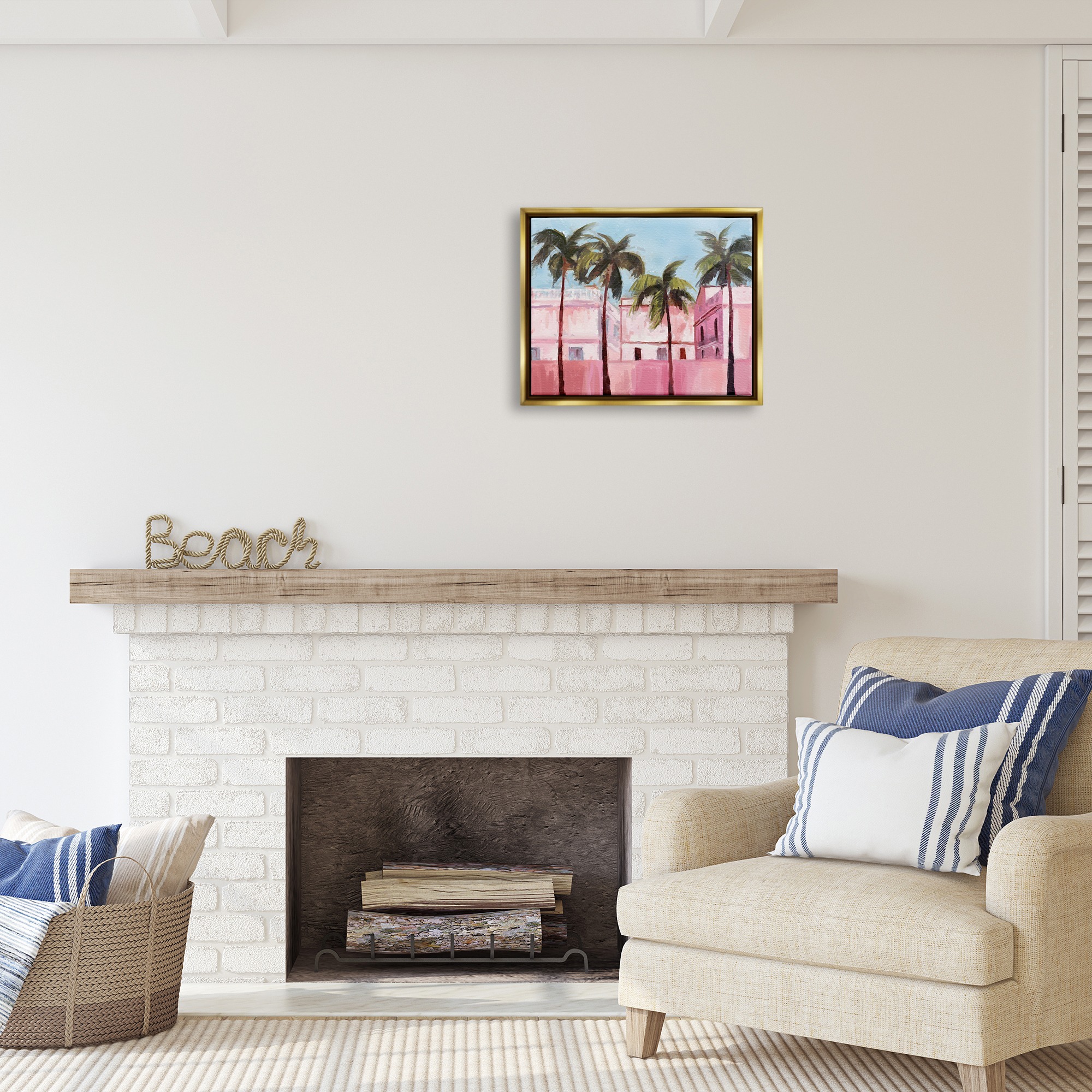 Stupell Industries Tropical Pink Buildings Botanical & Floral Painting Gold Floater Framed Canvas Art Print Wall Art, 21 x 17