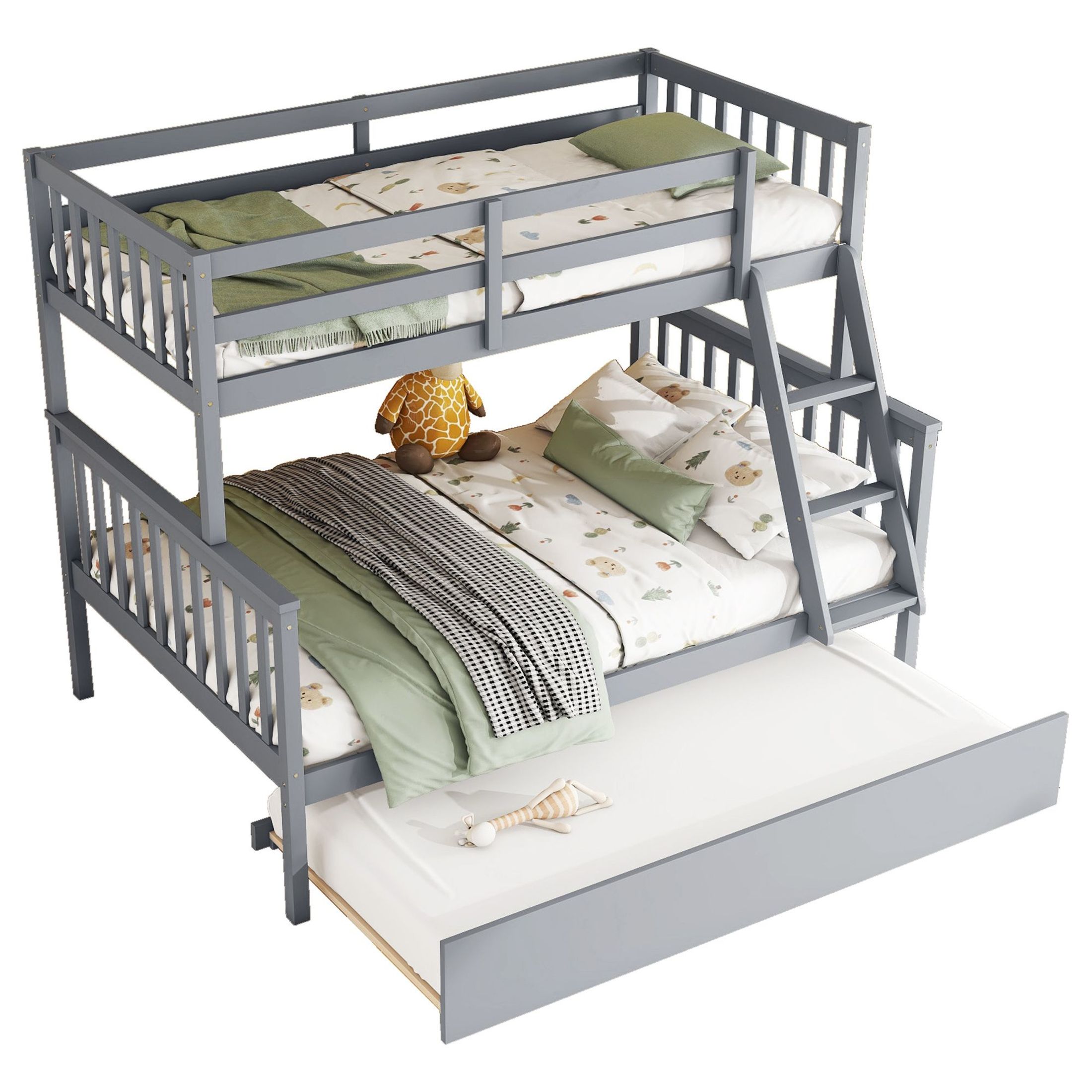 Noble House Twin Over Full Rubber Wood Bunk Bed, Convertible Design with Trundle and Reversible Ladder, Grey