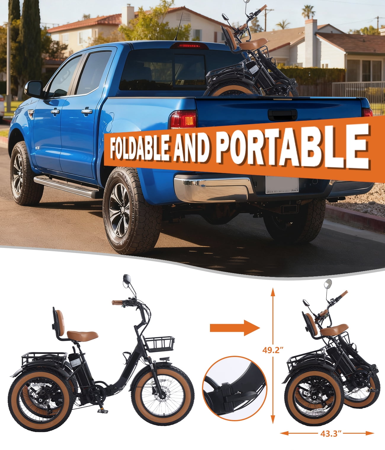 Electric Tricycle for Adult Folding Etrike Adult Electric 3 Wheels Bicycle Peak 1350W Motor Aluminum Frame 48V15.6AH Lithium Battery 20×4.0" Fat Tire & Rear Differential
